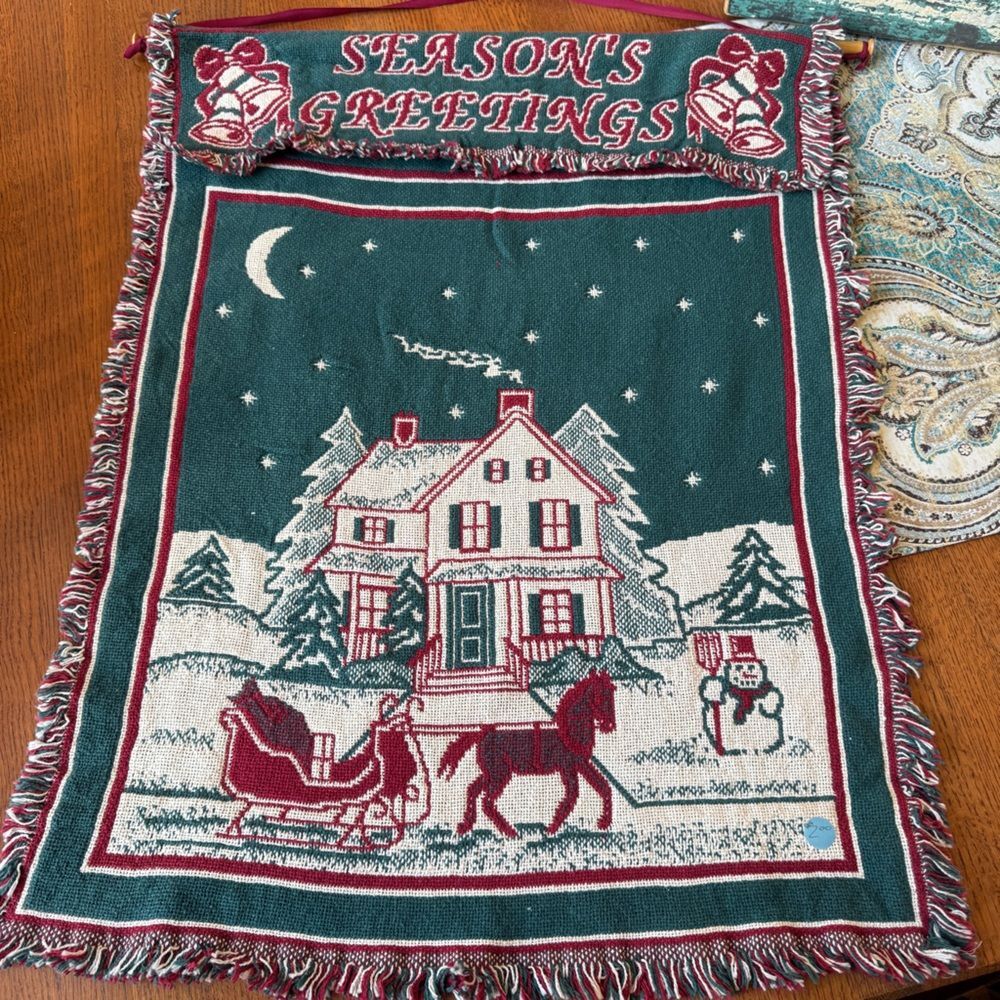 Seasons Greetings Christmas 1992 Woven Tapestry Wall Hanging Sleigh Scene